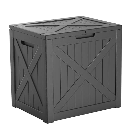 Vixzen 32 Gallon Outdoor Deck Box, Lockable Resin Waterproof Storage Box, UV Resistant & Weather Resistance, Outdoor Storage Bench for Gardening Tools, Pool Supplies (Black, 32 Gallon) - color: Black, size: 32Gallon