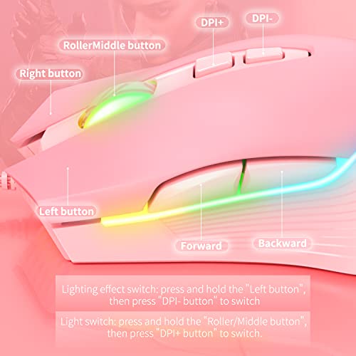 Cute RGB 6400 DPI Wired Gaming Mouse Breathing LED Optical USB 7 Buttons Gamer Computer Pink Mice for Laptop PC Desktop (Pink) - color: Pink