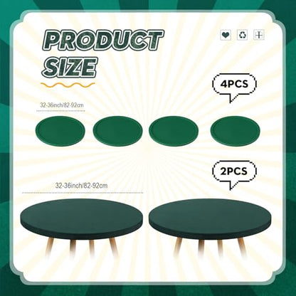 2 Pcs 36 Inch Round Card Game Table Cover with 4 Coaster for Playing Cards Poker Mahjong Bridge Board Game, Green Elastic Stretch Fitted Tablecloth for 32 to 36 Inch Tables