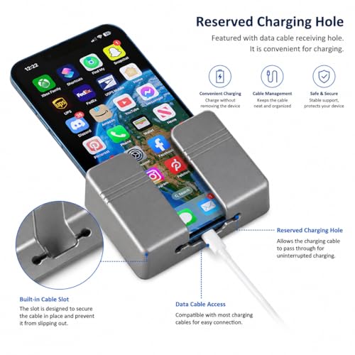 Wall Phone Holder, Adhesive Phone Wall Mount with Cable Hole, Bathroom Bedside Kitchen RV Phone Holder Compatible with iPhone, Android Phones and Remote Controls (Gray) - color: Gray