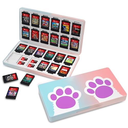 NANANINO Nintendo Switch Game Case Holder – Portable Switch Game Card Case for Switch/Switch OLED/Switch 2, Magnetic Closure, Holds 24 Switch Game Cards & 24 Micro SD Cards - Cat Paw Pattern - color: CatPaw PinkBlue