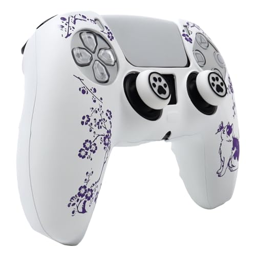 Cat Among Blossoming Branches Controller Skin Cover Compatible with PS5/Playstation 5 Controller, RALAN Protector Case Customised Thumb Grip - color: Cat White Purple
