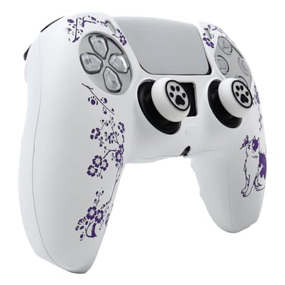 Cat Among Blossoming Branches Controller Skin Cover Compatible with PS5/Playstation 5 Controller, RALAN Protector Case Customised Thumb Grip - color: Cat White Purple
