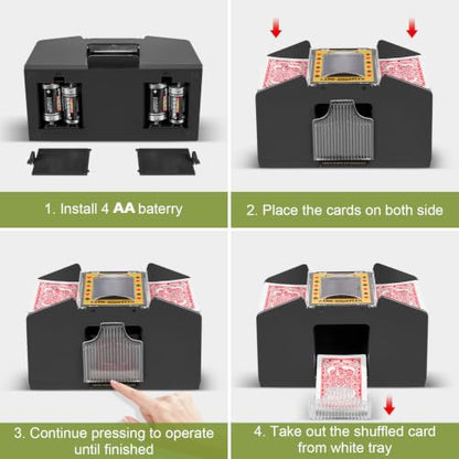 FEIERYA Automatic Card Shuffler 2/1/4/6 Deck,Battery-Operated Electric UNO Poker Shuffler,Playing Card Shuffler for Home Card Game,Travel - size: 4 Decks