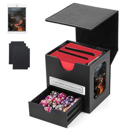 Patented MTG Commander DekBox, 100+ Double Sleeved Card Storage Box with Dice Tray, 35pt Card Holder & 2 Dividers - Magnetic Deck Case for TCG/CCG/Magic/Sports Cards, Black - color: Black