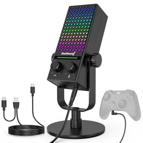 ZealSound Gaming Microphone for Xbox, USB Microphone for PC Mac iPhone & Android, Noise Reduction, One-Tap Mute, Gain Control, Zero-Latency Monitoring & RGB Lighting for Gaming, Streaming, Podcasting - color: Black