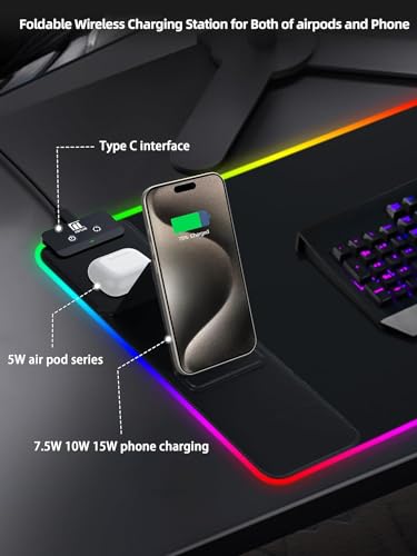XXL Mouse Pad with Phone Holder - Black, RGB Desk Mat with 15W Fast Charging, LED Gaming Mousepad with 11 Light Colors, Waterproof Non-Slip Pad for Office & Home (Black with PD Adapter) - color: Black with PD Adapter