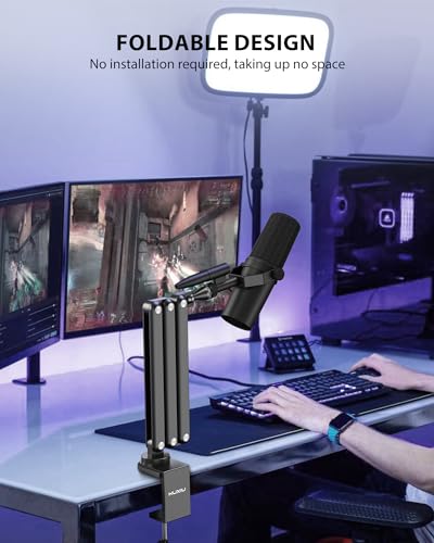 KU XIU Aluminum Alloy Boom Arm Microphone Stand for Desk, Three-Section Adjustable Mic Arm Mount with Cable Management Channels for Desktop Podcasting, Recording, Streaming, Gaming, Home Office-Gray