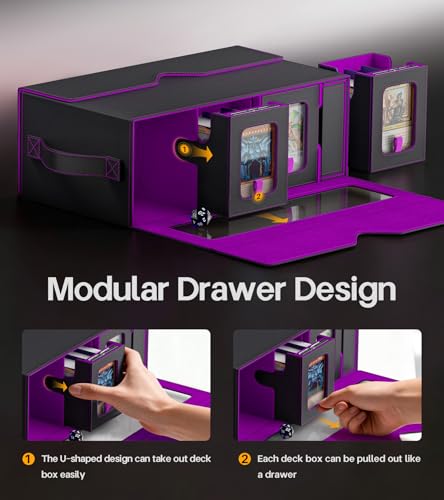 Kabinka MTG Commander Deck Box, 6-Deck Modular Card Case with 100 PCS Card Sleeves, Dice Tray - Holds 600+ Double-Sleeved Cards, 35PT Magnetic Holders for TCG/EDH (Black Purple) - color: Black Purple