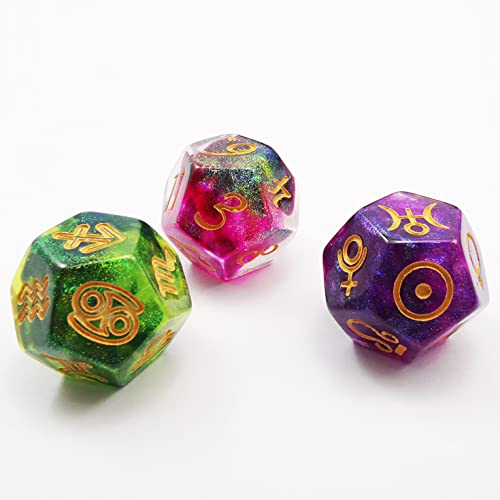 Bescon 3 Pieces Astrological Dice Set, Constellation Divination D12 Dice, 3 Colors Magical Stone Effect - color: Magical Stone Set