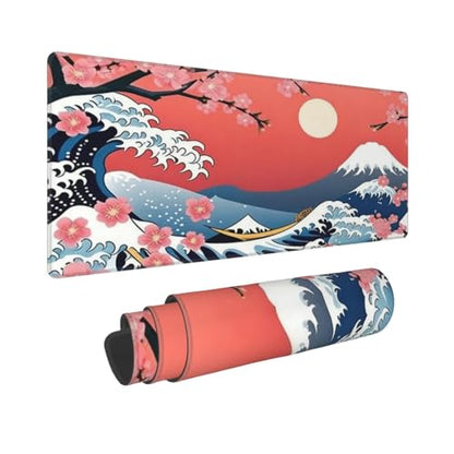 Large Gaming Mouse Pad Desk Mat, Japanese Cherry Blossom Sea Wave Extended Keyboard Mouse Pad Mousepad with Non-Slip Base and Stitched Edge Mouse Mat Desk Pad for Desk Home Office, 31.5 x 11.8 - color: Japanese Cherry Blossom Sea Wave