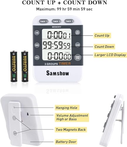 Digital Kitchen Timers for Cooking, 2 Pack | Triple Timer Count UP/Down, Large LCD Display, Adjustable Volume, Loud Alarm, Magnetic, Battery Included - color: 382-2 White