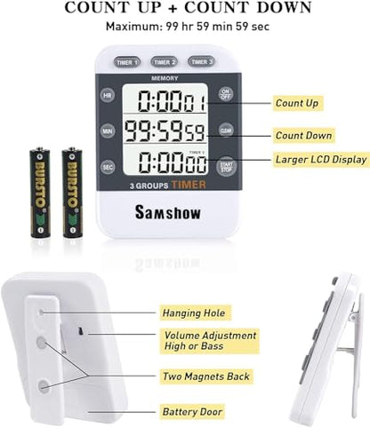 Digital Kitchen Timers for Cooking, 2 Pack | Triple Timer Count UP/Down, Large LCD Display, Adjustable Volume, Loud Alarm, Magnetic, Battery Included - color: 382-2 White