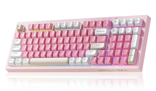 LEOBOG x Aula Pink Keyboard Wireless Creamy Computer Gaming Keyboards | Silent Membrane Keyboard, 98 Keys 2000mAh Quiet Creamy Keyboard with Number Pad, Rechargeable, for PC Mac Office Dorm Rooms - color: Pink