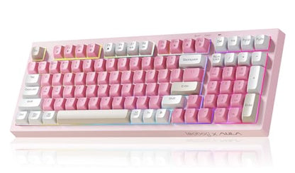LEOBOG x Aula Pink Keyboard Wireless Creamy Computer Gaming Keyboards | Silent Membrane Keyboard, 98 Keys 2000mAh Quiet Creamy Keyboard with Number Pad, Rechargeable, for PC Mac Office Dorm Rooms - color: Pink