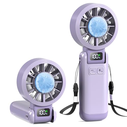 Portable Handheld Fan with Ice Cooling, 5.5m/s Rechargeable Fan, Independent Switch, 5-Speed, LED Display, 12H Battery, Foldable Neck Personal for Travel Essentials, Concerts, Sports - Purple - color: Purple