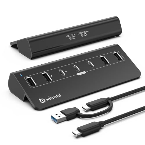 USB C Hub,USB Hub Powered with 5V 3A Power Adapter, 10Gbps USB Splitter with 4 USB-A and 3 USB-C Ports, 7-Port Type C Multiport Adapter for MacBook Air/Pro, iPhone 16/15, Laptop and More(Black) - color: Black