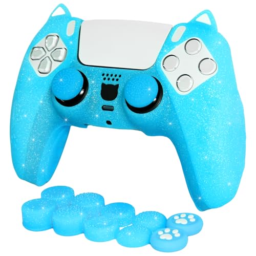 Blue Cat Glitter Anti-Slip Protective Silicone Cover Skin Grips Compatible with PS5/Slim/Pro Controller,8 PCS Glitter Thumb Grips Caps and 2 Paw Grips Caps. (Cat Blue) - color: Cat Blue