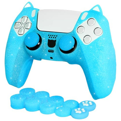 Blue Cat Glitter Anti-Slip Protective Silicone Cover Skin Grips Compatible with PS5/Slim/Pro Controller,8 PCS Glitter Thumb Grips Caps and 2 Paw Grips Caps. (Cat Blue) - color: Cat Blue