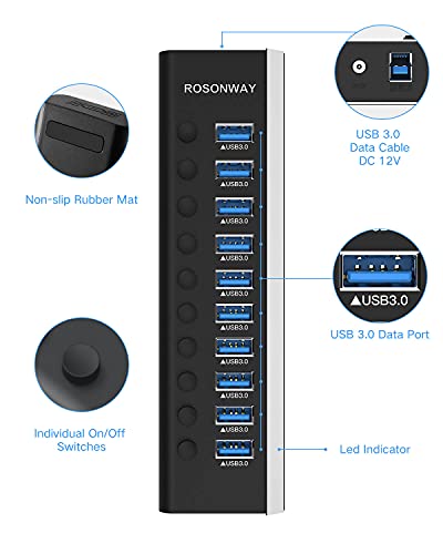 10-Port Powered USB Hub, Aluminum USB 3.0 Data Hub 36W, RSH-A10 | USB Extender Hub Splitter with 12V/3A Power Adapter and Individual On/Off Switches, for Laptop and PC - size: 10-Port Powered USB Hub