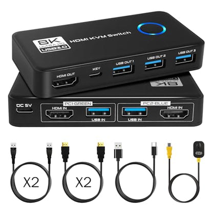 USB 3.0 8K@60Hz KVM Switch 1 Monitor 2 Computers - 4K@120Hz HDMI 2.1 KVM Switches with 3 Ports for Sharing Monitor Keyboard Mouse Hard Drives and Printer Includes 2 HDMI & USB Cables and Controller