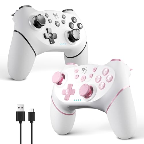 AceGamer Wireless Pro Controller for Nintendo Switch/Lite/OLED/Switch 2/PC, 2 pack, Hall Effect Joystick for Switch 2 Pro Controller with Wake-Up/Dual Vibration/Turbo/Ergonomic ! (White and Pink) - color: White and Pink