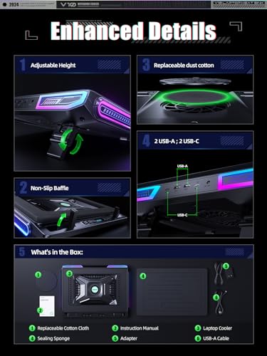 llano V10 Gaming Laptop Cooling Pad, RGB Laptop Cooler Stand Laptop Fan | Powerful 4.72 Inch Turbo Cooling Fan, Fast Cooling Computer 13-17.3in, Button Control, 3 Adjustable Stand, 4-Port USB C&A