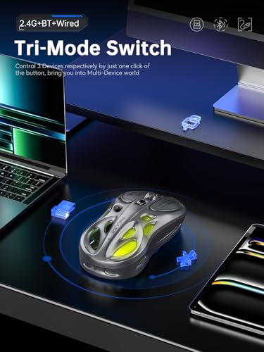 FMOUSE Wireless Mouse Tri-Mode 2.4G & Dual Bluetooth & Wired, Hollow RGB, 65g, 4800 DPI, USB-C Rechargeable, Gaming & Office, for Mac Laptop iPad PC – Gray - color: Gray