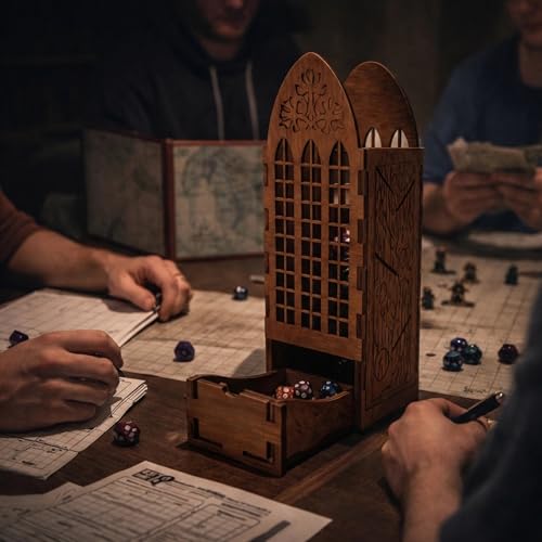 Walnut DND Dice Tower with 7 DND Dice Set & Pouch, Vintage Walnut Finish RPG Dice Roller for DND Dungeons and Dragons, Pathfinder & TTRPG Tabletop Games