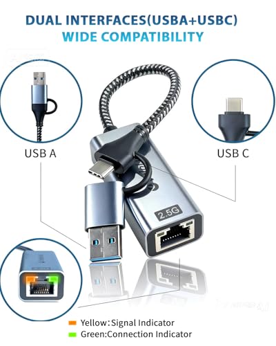 USB A/C to Ethernet Adapter,Ethernet to USB,USBA to RJ45 for Nintendo Switch 2 ,Gigabit Ethernet Adapter, LAN Network for Laptop, MacBook,Chromebook,Surface, Desktop,PC and More (USB A+C 2.5G) - size: USB A+C 2.5G