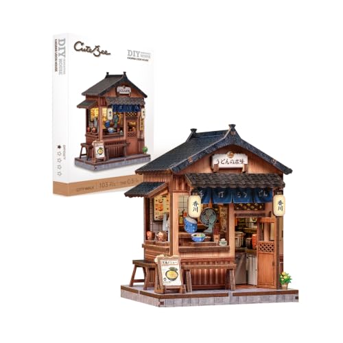 CUTEBEE 3D Wooden Puzzle Miniature House Kit for Adults, DIY Craft Gift | Palm-Sized Mini Model Building Set for Beginners, 103 Pcs Japanese Ramen Shop Diorama, Kagawa Udon House, Desk Decor