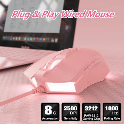 Lomiluskr AJ52 RGB Wired Gaming Mouse, 7 Programmable Buttons, Computer Mice with RGB Lighting, 200-4800 DPI Adjustable, for PC/Laptop (Pink) - color: Pink