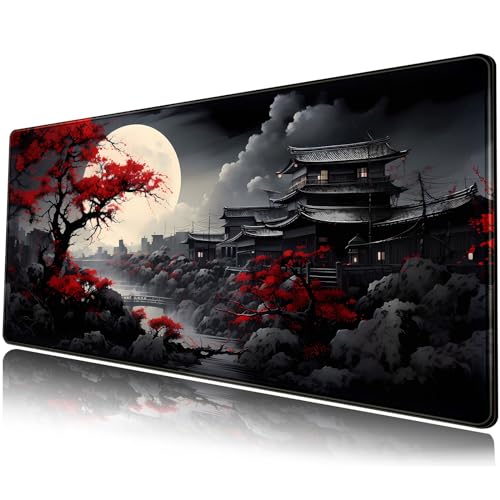 Riverside Full Moon Desk Mat Japanese Desk Pad Black Red Large Mouse Pad Gaming Mousepad Extended XXL Keyboard Pad 31.5 x 11.8 in Laptop Computer Mouse Keyboard Mat for Office Decor - color: Black Full Moon