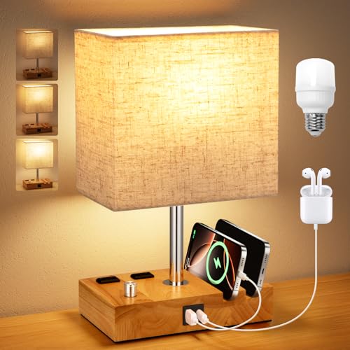 Wood Grain Table Lamp for Bedroom, Stepless Dimmable, USB C+A, 2 AC Outlets | Dimming By Rotary Knob, USB C+A Ports, 2 Phone Stands, LED Bulbs Included, Rectangle Beige Lampshade, for Living Room, Desk - color: Wood Grain with Knob Switch, size: 1 Pack