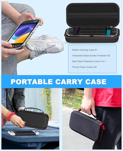 Switch 2 Case for Nintendo Switch 2 (2025)/Switch/OLED, with 4-in-1 Accessories Bundle Kit for Nintendo Switch 2, 3X Transparent Protective Cover+2X Screen Protectors+4X Thumb Caps, Accessories Set with Carrying Case for Switch - size: Case + 4-in-1 Bundl