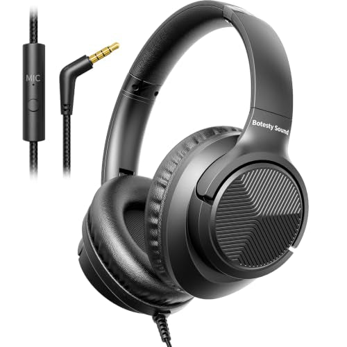 Botesty Sound Headphones Wired with Microphone, Over Ear Foldable 3.5mm Plug in Headphones with 4.9ft Tangle-Free Nylon Cord for Tablet, Laptop, MP3/4, School, Airplane Travel (Black) - color: Black
