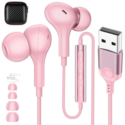 USB Earbuds with Microphone for PC Laptop,Wired USBA Headset with Mic in Ear Buds Noise Isolating Light Laptop Earphones Headphones for Dell HP Surface Computer Office Zoom Work Gaming School,Pink - color: Pink