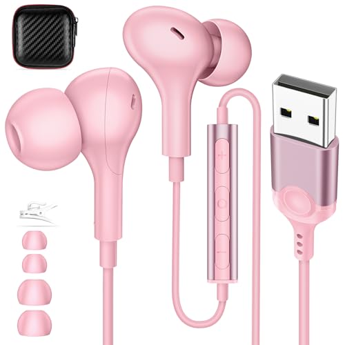 USB Earbuds with Microphone for PC Laptop,Wired USBA Headset with Mic in Ear Buds Noise Isolating Light Laptop Earphones Headphones for Dell HP Surface Computer Office Zoom Work Gaming School,Pink - color: Pink
