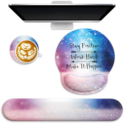 3 in 1 Ergonomic Mouse Pad and Keyboard Wrist Rest with Coaster Set-Glitter | Cute Large Mousepad with Gel Wrist Support for Gaming Computer Laptop Women Office Home Desk Decor - color: B3-Glitter Night Sky