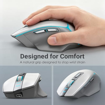 GAMCATZ Bluetooth Wireless Gaming Mouse for Mac & iPad, White 12500 DPI RGB Mouse with Tri-Mode (2.4G/USB-C/Wired), Rechargeable Ergonomic Computer Mice for Laptop, PC & Apple Devices - color: White
