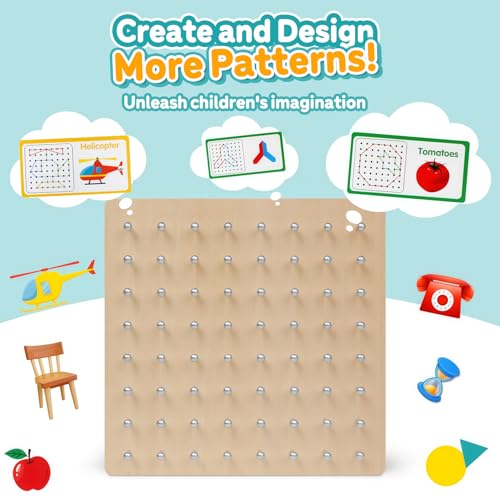 Wooden Geoboard, Montessori STEM Toy with Pattern Cards for Kids Ages 3+ | Pattern Cards & Rubber Bands, Geometric Shape Learning, Classroom STEM Tool, Brain Teaser Gift - size: 6*6 in