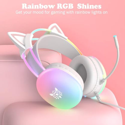 Cat Ear Gaming Headset with Microphone, RGB Rainbow Lighting, Surround Sound, 3.5mm Wired Over-Ear Headphones for PC/PS4/PS5/Switch/Laptop, Lightweight and Adjustable Headband - color: White Cat Ears