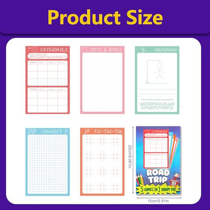 Road Trip Game Pad, 5 in 1 Travel Games Set for Kids | Tic-Tac-Toe, Hangman, Dots and Boxes, Categories, Connect 5, 80 Sheets Activity Pad