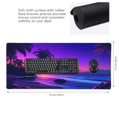 XXL Gaming Mouse Pad 35.4x15.7 inch, Sunset Beach Landscape Theme Desk Mat,Large Purple Starry Sky Ocean Sea Mousepad (Sunset sea) - color: Sunset sea