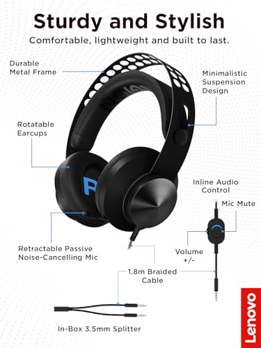 Lenovo Legion H300 Stereo Gaming Headset, Noise-Cancelling Mic, Memory Foam & PU Leather Earcups, Stainless Steel Headband, PC, PS4, Xbox One, Nintendo Switch, Mac, GXD0T69863, Black - style: H300