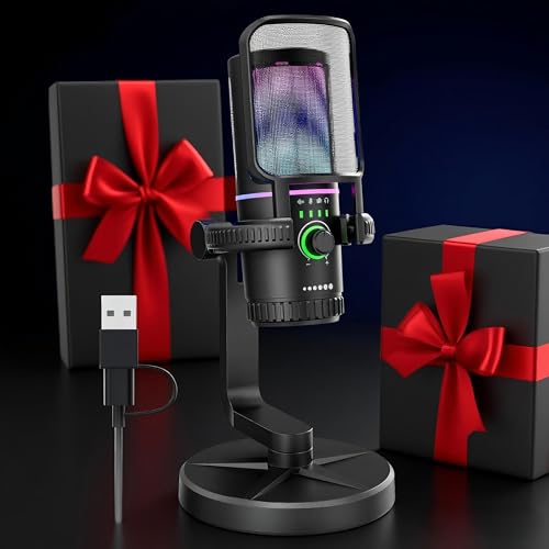 Gaming Microphone with Noise Cancelation & Gain Control | USB PC Mic for Streaming, Gaming, Podcasts, PS4 -Includes Pop Filter, Shock Mount, Quick Mute & RGB Lighting