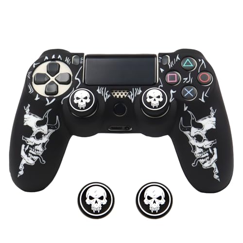 RALAN Horned Skull Head Design Controller Skin Cover with 2 Thumb Grips Compatible with PS4/Playstation 4 Slim/Pro Controller - color: Horned Skull Black White