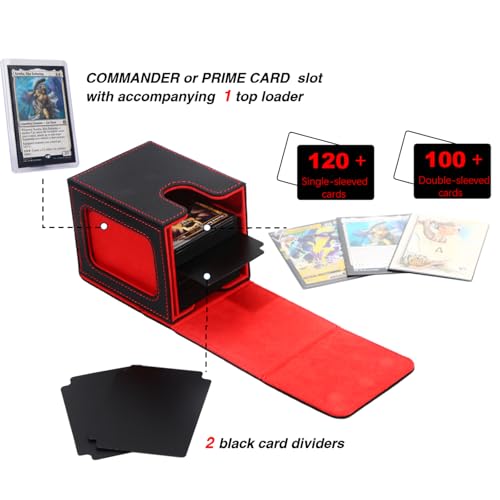 MTG Deck Box for Commander Display,Card Deck Box Fits 100 Double Sleeved Cards, TCG Card Storage Box with 2 Dividers and 1 Toploader (Black＆Red) | Holds 120 Single/100 Double-Sleeved Cards, Fit MTG/PTCG/OPTCG Cards, Strong Magnet, PU Leather, With 2 Divid
