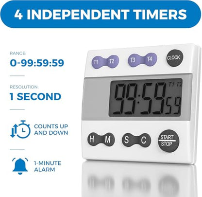 Sper Scientific Portable Digital Kitchen & Lab Timer 810015 - 4 Channel, Large Display, Loud Alarm, Classroom Timer - 2 pc - size: 2 Pack