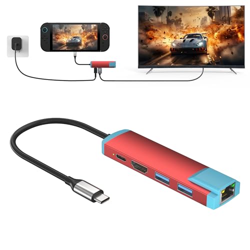 USB C Switch 2 Dock,4K@60Hz HDMI Adapter with PD/USB 3.0/Gigabit Ethernet Port,Replacement Dock for Switch/Switch OLED/Steam Deck/ROG Xbox Ally X/Legion Go - color: Red, size: 4.1*1.2 inch
